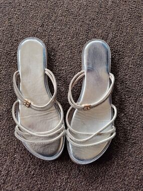 Women's Strappy Metallic Slide Sandals - Silver